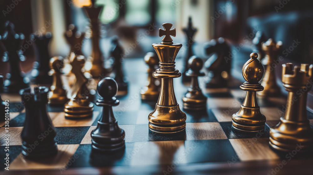 Luxury chess set with golden and black pieces on elegant board Luxury chess set with golden and black pieces on elegant board