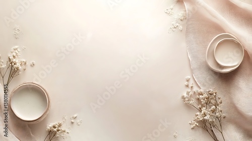 Delicate white flowers and ceramic dishes on a soft surface