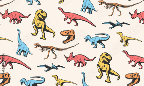Vector childish seamless pattern with cartoon dinosaurs. Ideal for baby clothes, textiles, wallpaper, wrapping paper. Fun and lively dinosaur character repeat design.