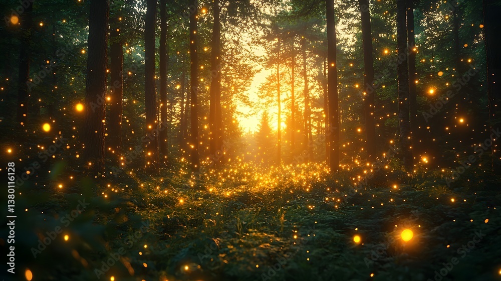 A magical forest filled with glowing lights resembling fireflies A magical forest filled with glowing lights resembling fireflies