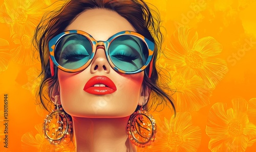 A fashionable woman with stylish sunglasses and vibrant makeup posing. She exudes confidence and beauty, with striking features and an artistic flair