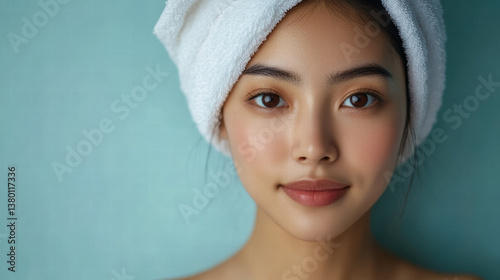 young woman with towel on her head is preparing for skincare routine, showcasing her natural beauty and glowing skin. serene background enhances calm atmosphere
