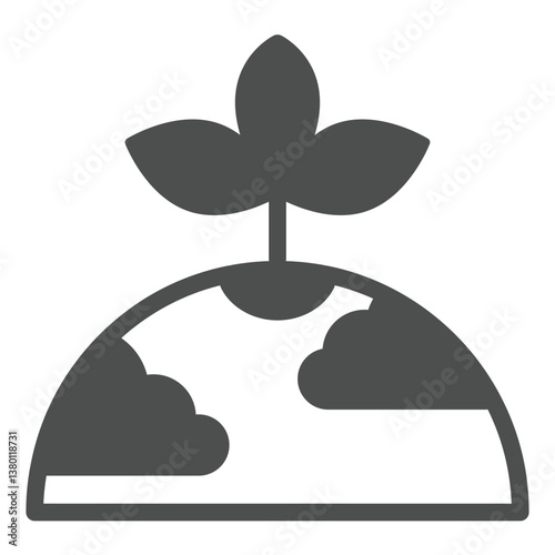 Planet with clouds and leaf plant solid icon, cosmos concept. Vector graphics. Inhabited planet with leaves, ecology sign on white background, glyph style icon for mobile or web design.