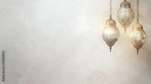 Three ornate hanging lanterns illuminating a textured background space