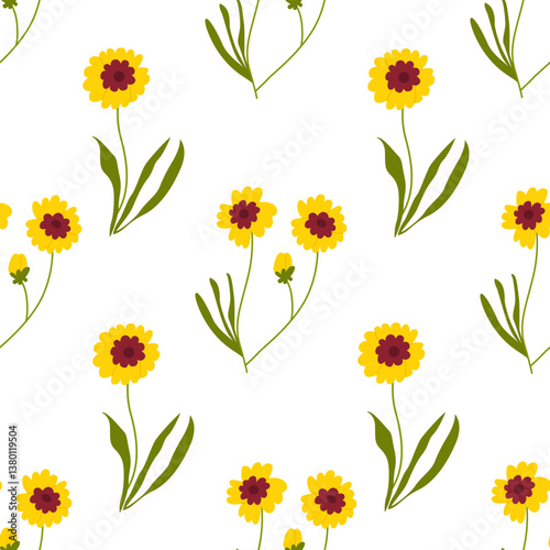 Seamless pattern with coreopsis yellow flowers and leaves. Botanical vector flat background. Floral wallpaper for textile, fabric design, fashion and other surfaces