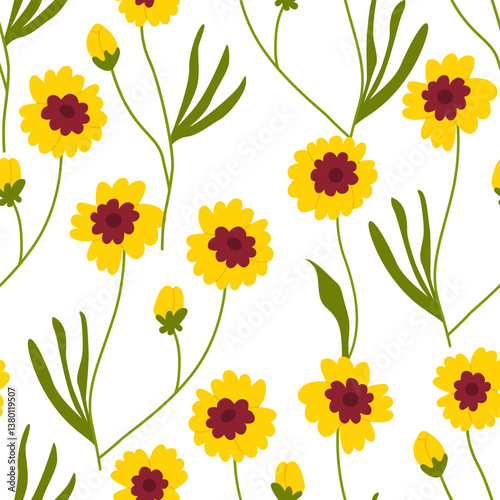 Seamless pattern with coreopsis yellow flowers and leaves. Botanical vector flat background. Floral wallpaper for textile, fabric design, fashion and other surfaces