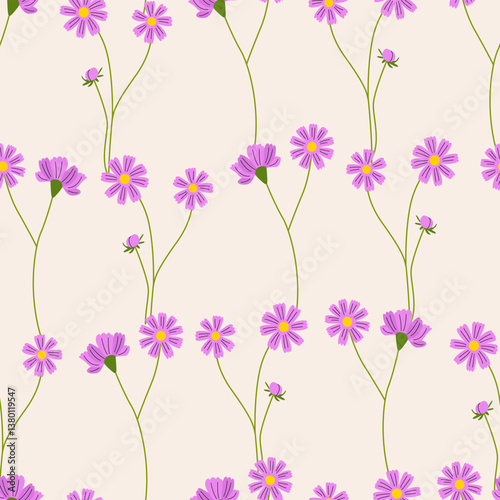 Seamless pattern with garden cosmos flower branches. Botanical vector flat background. Floral wallpaper for textile, fabric design, fashion and other surfaces