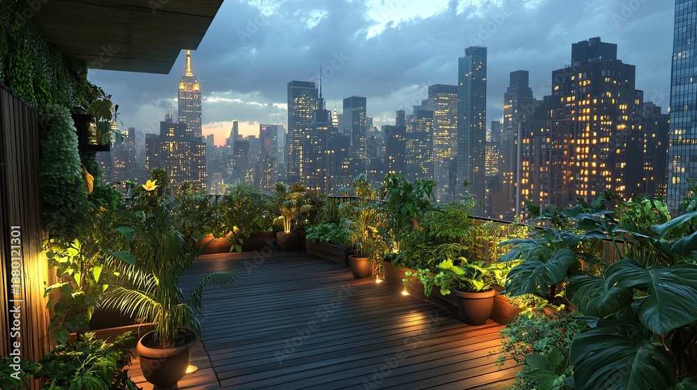 Fototapeta premium A sprawling city apartment garden terrace with a mix of lush greenery and wood paneling