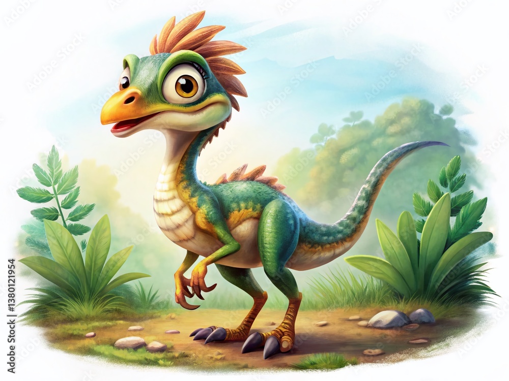Obraz premium Adorable Cartoon Compsognathus Dinosaur, Fantasy Creature, White Background