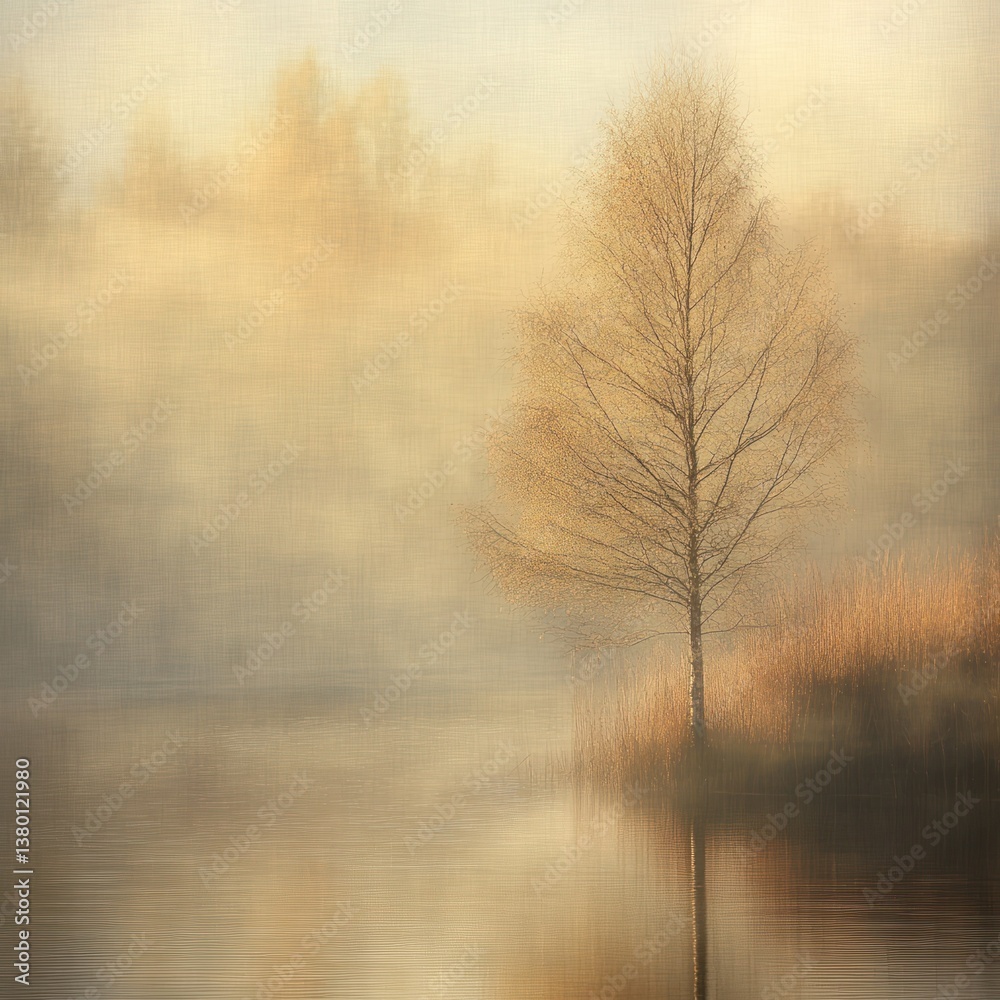 Obraz premium A lone tree stands beside calm water in soft light