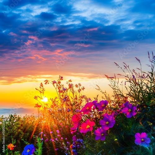 Gorgeous sunrise vivid colors and flowers, generation AI 