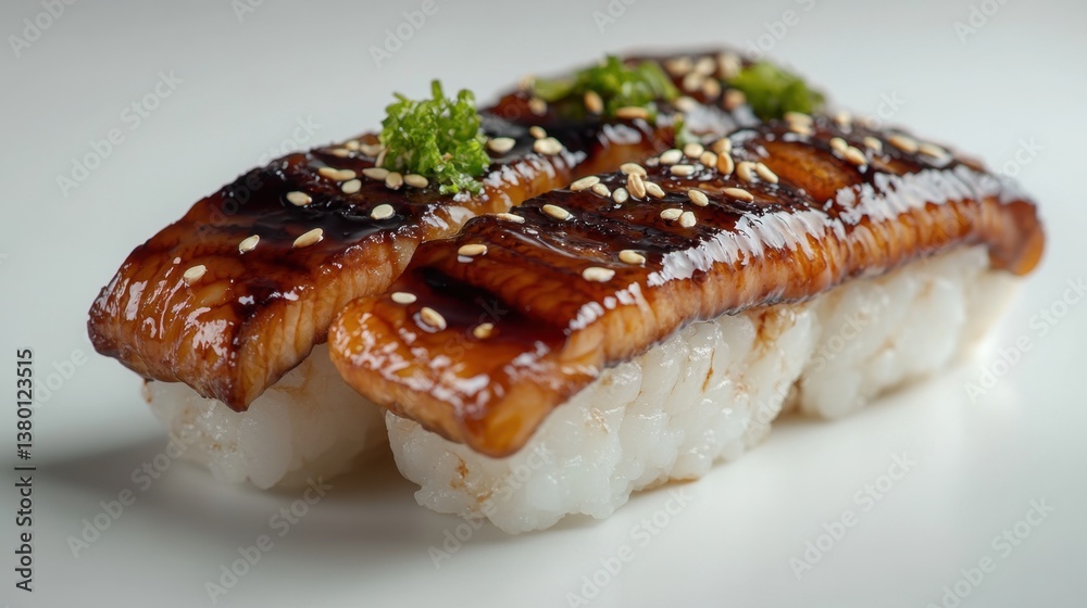 Delicious Unagi Sushi with Glazed Eel and Sesame Seeds on Rice Delicious Unagi Sushi with Glazed Eel and Sesame Seeds on Rice