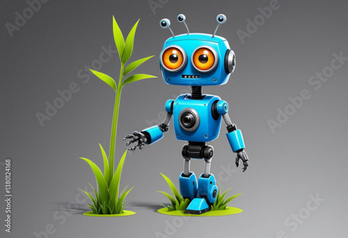 Friendly robot exploring greenery in a futuristic style  