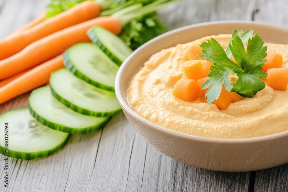 A creamy bowl of hummus garnished with vegetables, surrounded by fresh carrots and cucumber slices on a rustic wooden table. A creamy bowl of hummus garnished with vegetables, surrounded by fresh carrots and cucumber slices on a rustic wooden table.