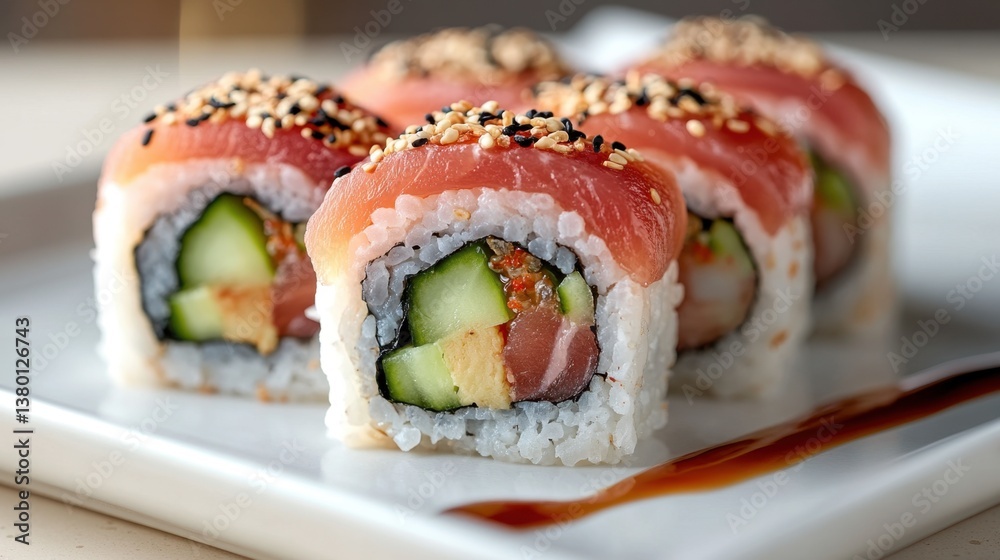 Fresh Sushi Rolls with Tuna, Avocado, and Cucumber in Close-up View Fresh Sushi Rolls with Tuna, Avocado, and Cucumber in Close-up View