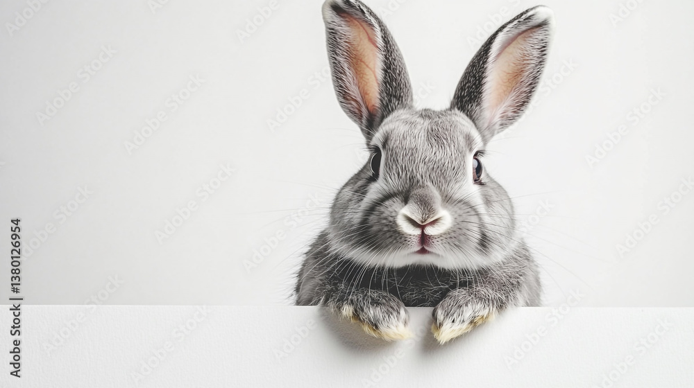 Obraz premium Close up shot of a gray rabbit with long ears peering over a white surface on a white background