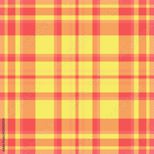 Vibrant yellow and coral plaid pattern.  Perfect for textile designs, backgrounds, or website elements. This cheerful, seamless texture evokes warmth and summery feelings.
