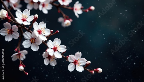 Intricate sakura branch pattern, white blossoms on dark background, art, desktop, spring
