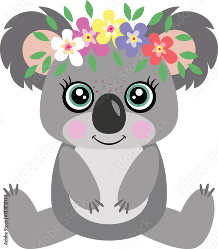 Adorable koala sitting with wreath floral on head