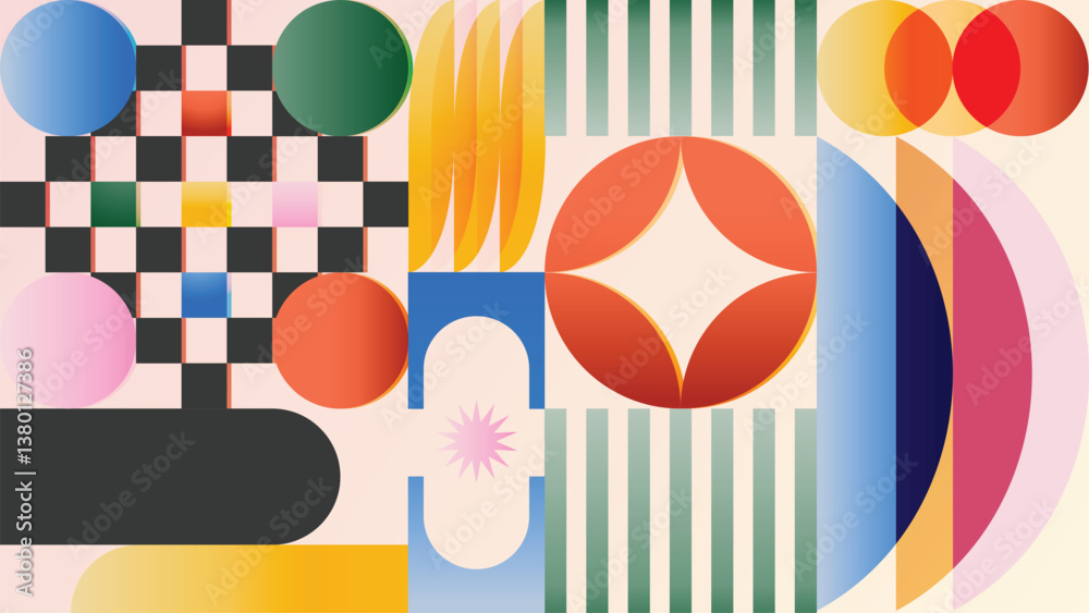 Obraz premium Abstract geometric gradient pattern design background vector. Wallpaper design with circle, square, line art. Modern and trendy illustration perfect for decor, cover, print, banner, packaging, ads.