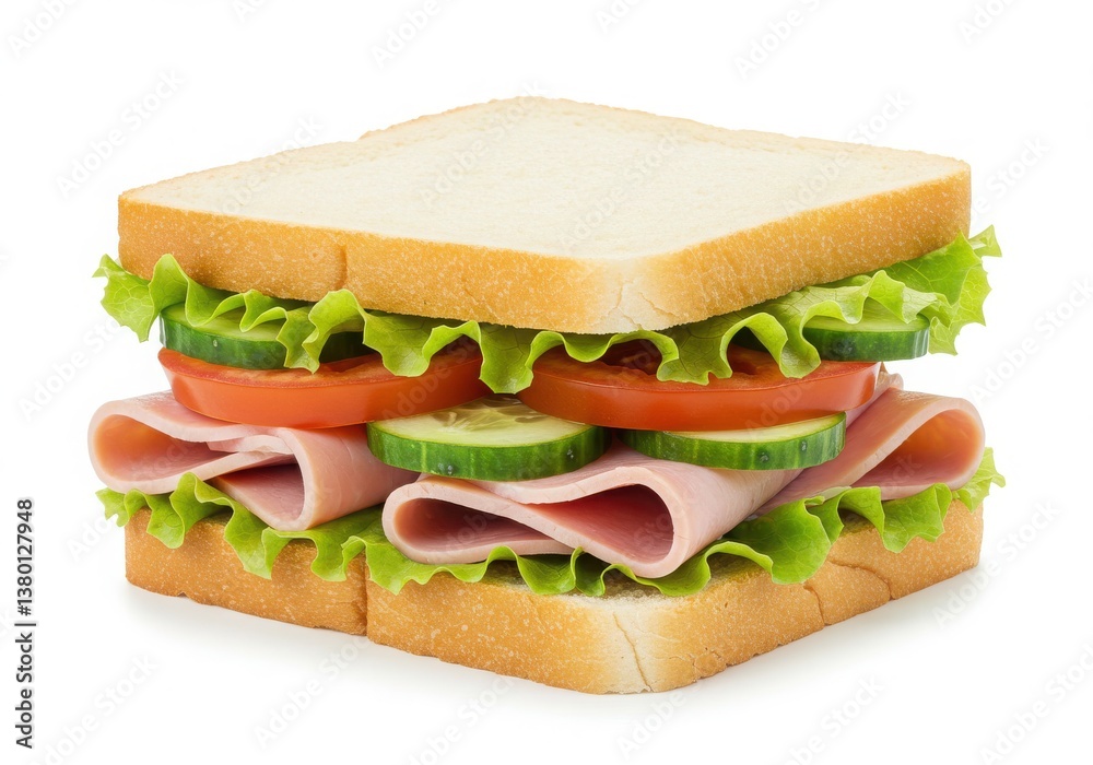 A close up of a sandwich with ham lettuce tomato and cucumber on white bread on a white background A close up of a sandwich with ham lettuce tomato and cucumber on white bread on a white background