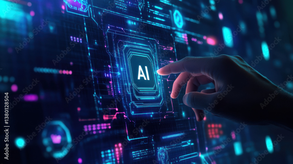 Human Touch Interface with 'AI' Symbol, Signifying the Era of Artificial Intelligence and Machine Learning. Human Touch Interface with 'AI' Symbol, Signifying the Era of Artificial Intelligence and Machine Learning.