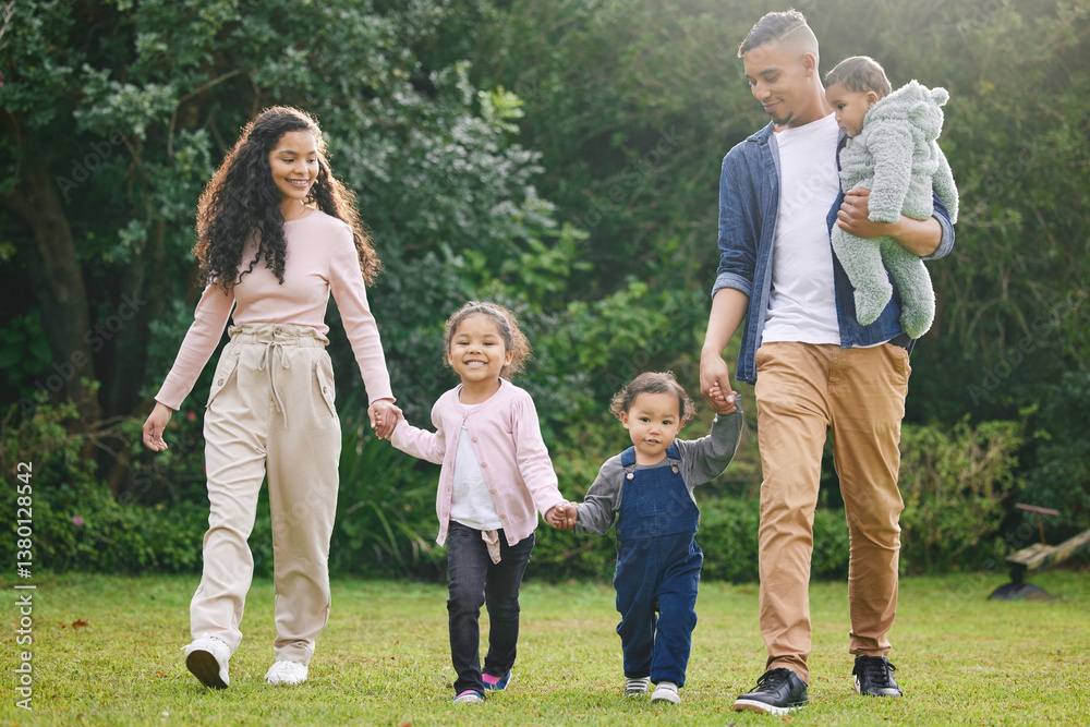 Family, garden and walk with holding hands of parents and children with love, support and care outdoor. Lawn, backyard and nature with baby, mom and dad together with bonding and weekend activity Family, garden and walk with holding hands of parents and children with love, support and care outdoor. Lawn, backyard and nature with baby, mom and dad together with bonding and weekend activity