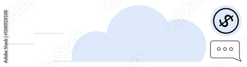 Large cloud shape with motion lines, a dollar sign in a circular element floating above, and a speech bubble with dots. Ideal for finance, technology, digital economy, savings, growth, cloud storage