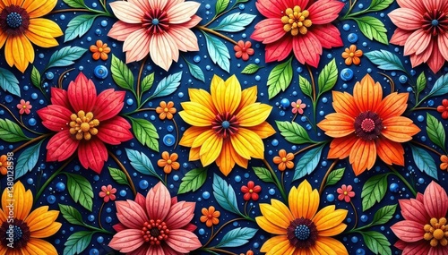 Intricate floral textile design, repeating motif, floral, retro, ornate