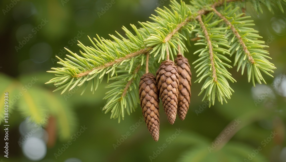 Three Pine Cones Hanging on Evergreen Branch Three Pine Cones Hanging on Evergreen Branch