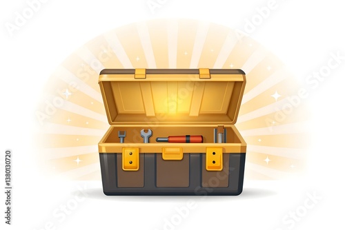 A toolbox with an open lid, emitting a soft golden glow, placed on a white background.
