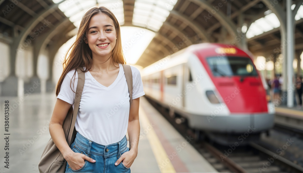 Young traveler waiting at train station, smiling young woman with backpack near modern train, vibrant travel atmosphere. Isolated on white background or PNG Young traveler waiting at train station, smiling young woman with backpack near modern train, vibrant travel atmosphere. Isolated on white background or PNG