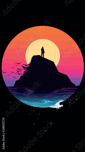 Silhouette of person on cliff with sunset and ocean waves in vibrant colors flat vector illustration