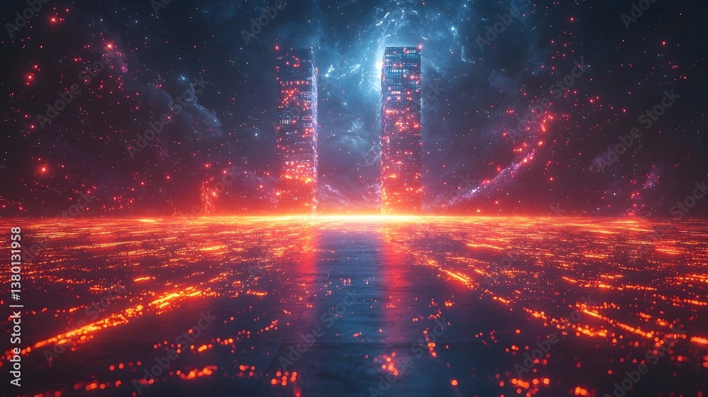 Fototapeta premium A glowing bridge connects towering skyscrapers symbolizing innovative business ventures