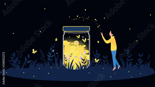 Young asian female with fireflies in jar under starry night flat vector illustration
