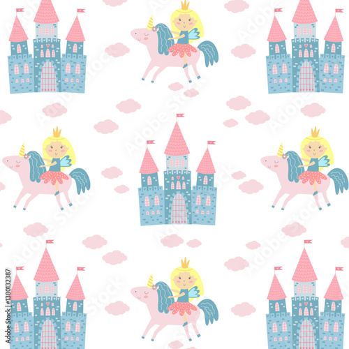 Seamless vector pattern with princess, unicorn and pink blue castle. Cute fairy tale theme for children's designs and prints.