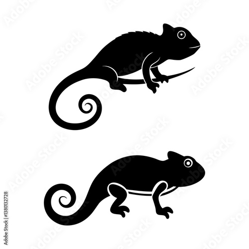 Chameleon Duo: A minimalist illustration presents two chameleons, each a silhouette, poised to evoke wonder. Capturing the essence of nature's stealth.