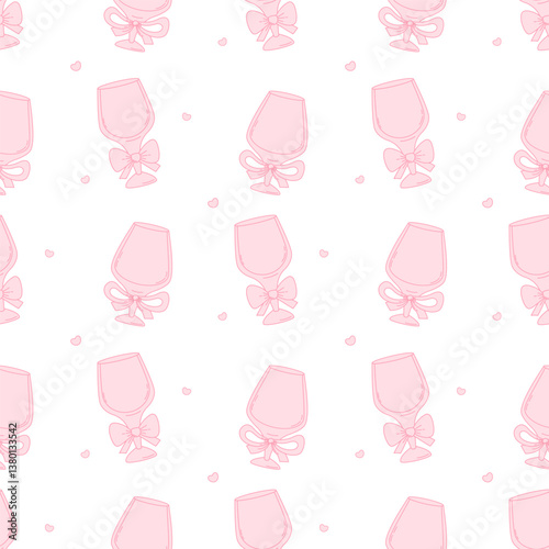 Outline Seamless Pattern Pink Glass Cocktail with Coquette Ribbon Bow on White Background. Vintage Aesthetic Drink. Romantic Girly Vibe beverage. Line drawing backdrop template. Vector illustration
