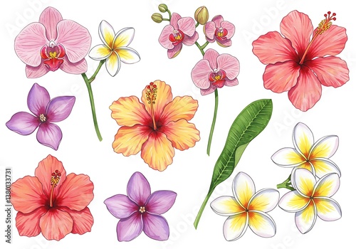 Watercolor tropical flowers. Hand painted illustrations isolated on white background