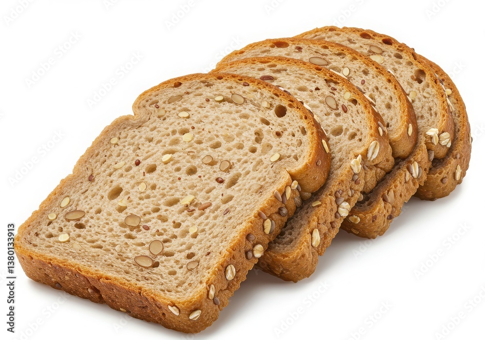 Slices of whole wheat bread with seeds and oats stacked on a white surface in a studio shot Slices of whole wheat bread with seeds and oats stacked on a white surface in a studio shot