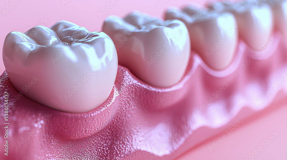 Close up view of healthy teeth on pink gum tissue, showcasing dental hygiene and oral health. image evokes sense of cleanliness and care Close up view of healthy teeth on pink gum tissue, showcasing dental hygiene and oral health. image evokes sense of cleanliness and care