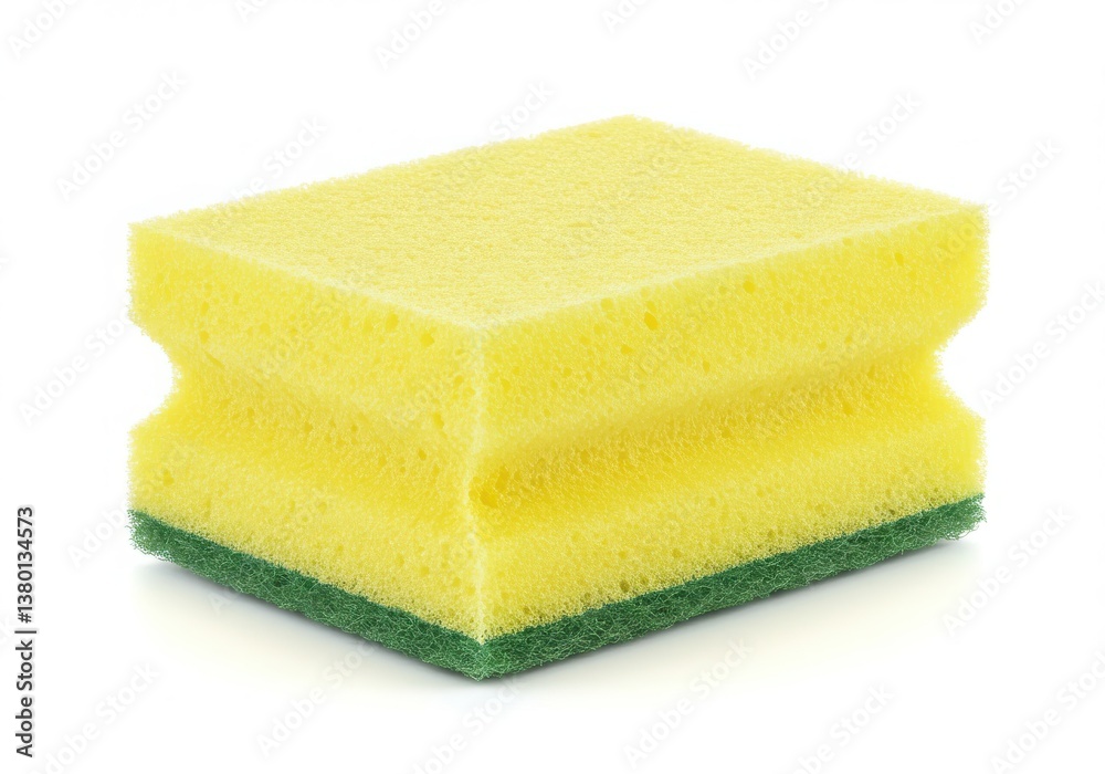A close up of a yellow sponge with a green scouring pad on the bottom isolated on white background A close up of a yellow sponge with a green scouring pad on the bottom isolated on white background