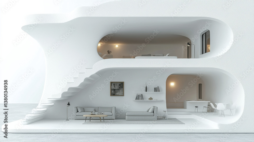 modern, minimalist interior design featuring two level white house with curved walls, open spaces, and stylish furniture. design evokes sense modern, minimalist interior design featuring two level white house with curved walls, open spaces, and stylish furniture. design evokes sense