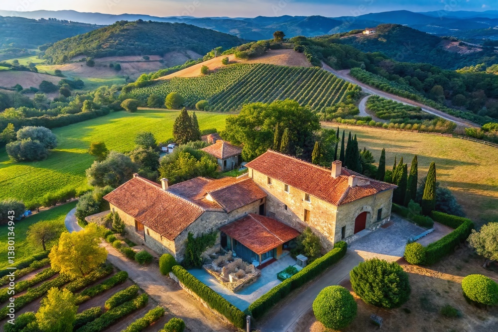 Aerial View of Charming Traditional French Farmhouse in Sunny Provence Aerial View of Charming Traditional French Farmhouse in Sunny Provence