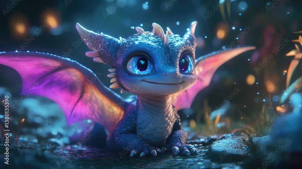 Cute fantasy dragon character with sparkling scales and colorful wings in a magical forest scene at night with glowing elements Cute fantasy dragon character with sparkling scales and colorful wings in a magical forest scene at night with glowing elements