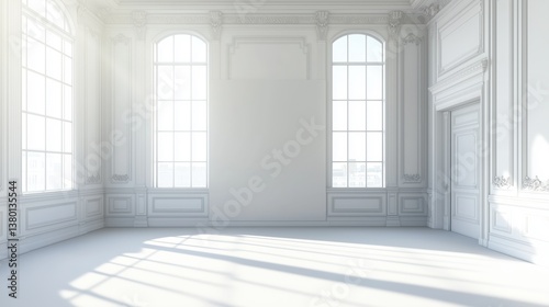 The bright and spacious white classical style room, the sun shines through the window to illuminate the interior space
