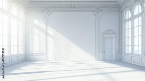The bright and spacious white room  the sun shines through the window  creating a quiet and ethereal atmosphere  and the rich details of the decoration are more exquisite.