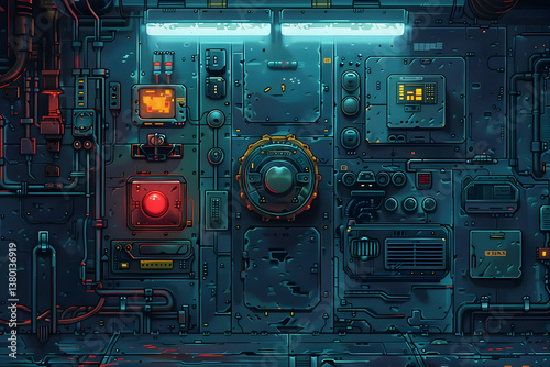 Detailed Dark Gray Control Panel with Orange and Red Lights and Intricate Wiring System in a Retro Futuristic Cyberpunk Style