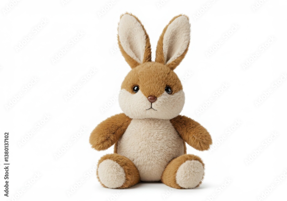 Obraz premium A plush brown and cream colored rabbit toy sitting upright on a white background in studio lighting
