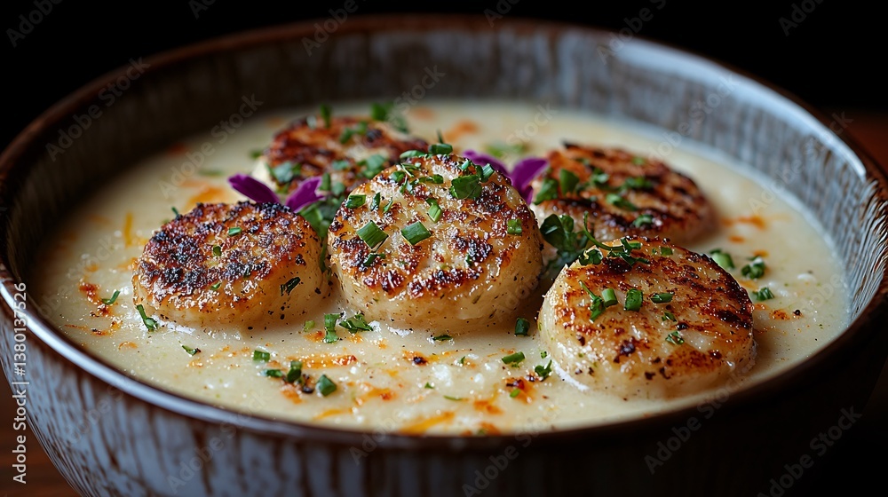 Creamy Seafood Soup with Grilled Scallops Garnished with Herbs Creamy Seafood Soup with Grilled Scallops Garnished with Herbs